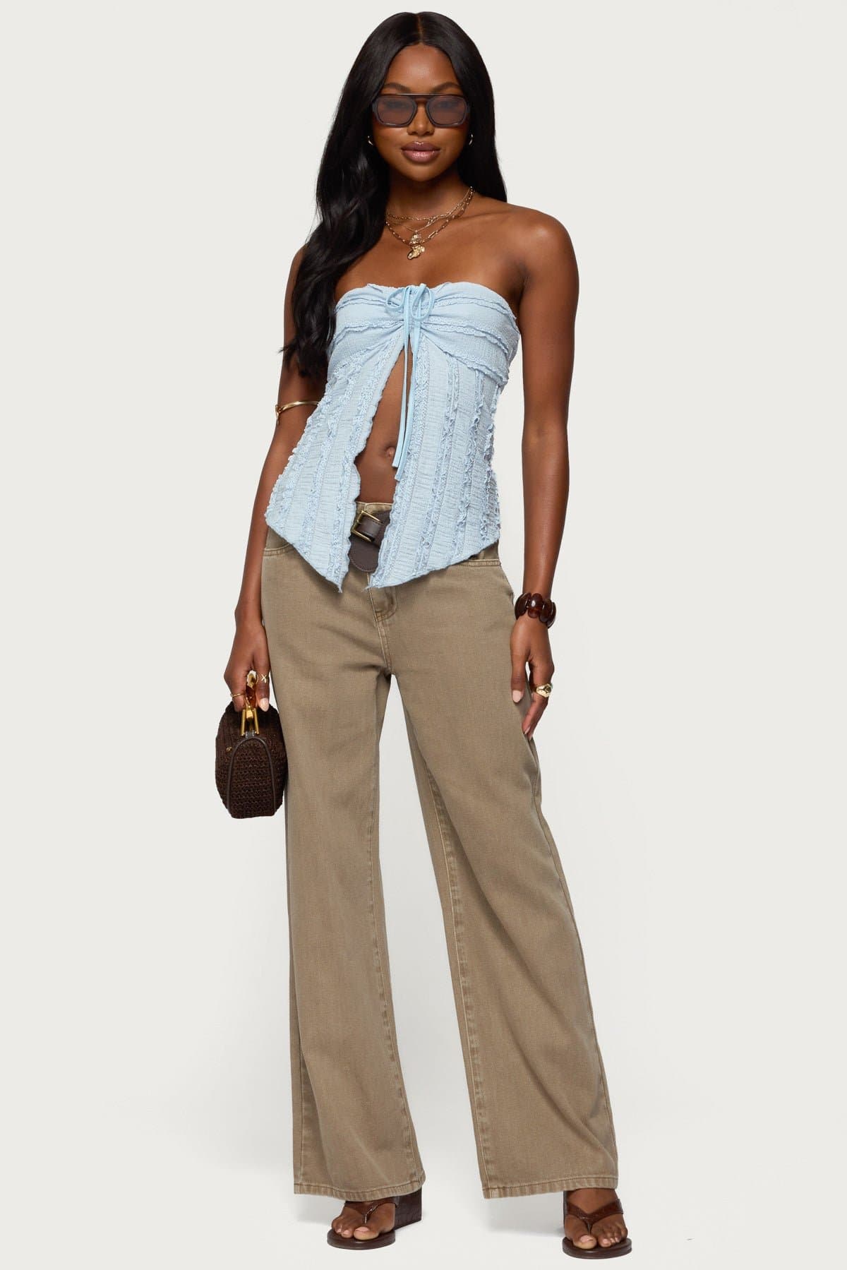 Textured Ruffle Split Front Strapless Top - Nylon Spandex Asymmetric Hem