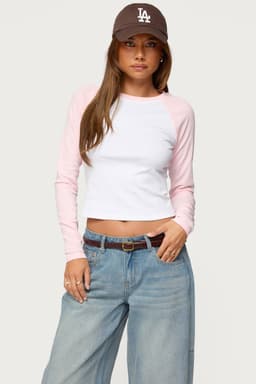 Raya Long Sleeve T-Shirt with Contrast Sleeves & Neckline Cotton Spandex
