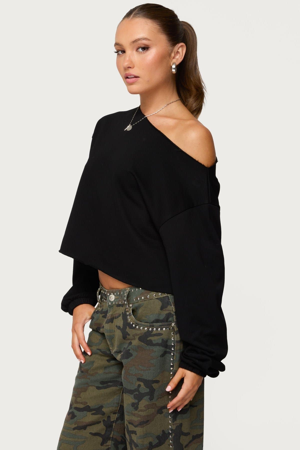 Aveline Off Shoulder Light Sweatshirt - Cotton Polyester Rolled Edges