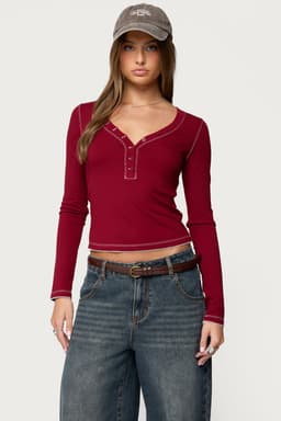 Yael Contrast Stitch Long Sleeve Henley Top in Rayon Spandex