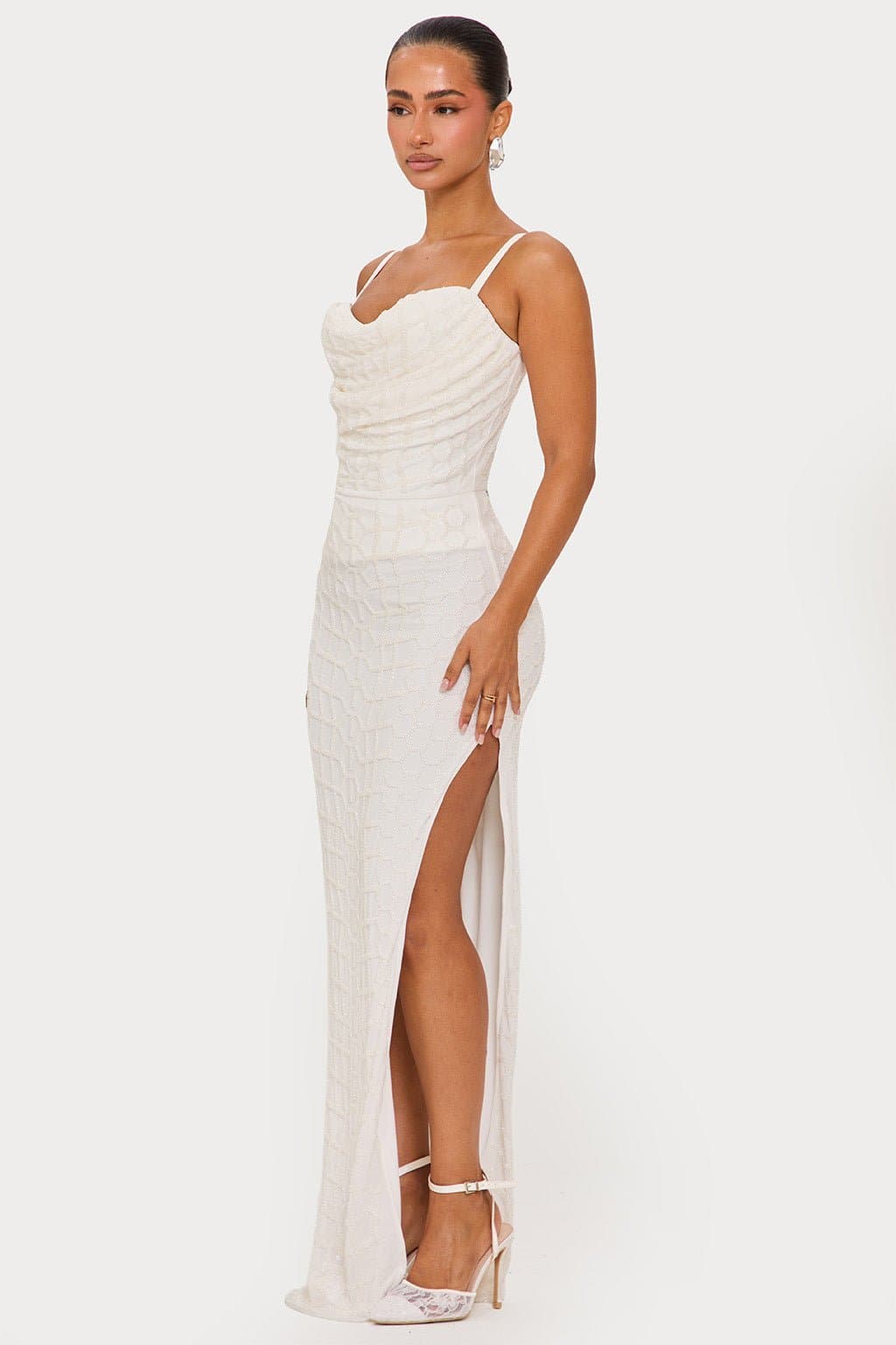 OYSTER Hand Beaded Maxi Dress with Corset and Front Split