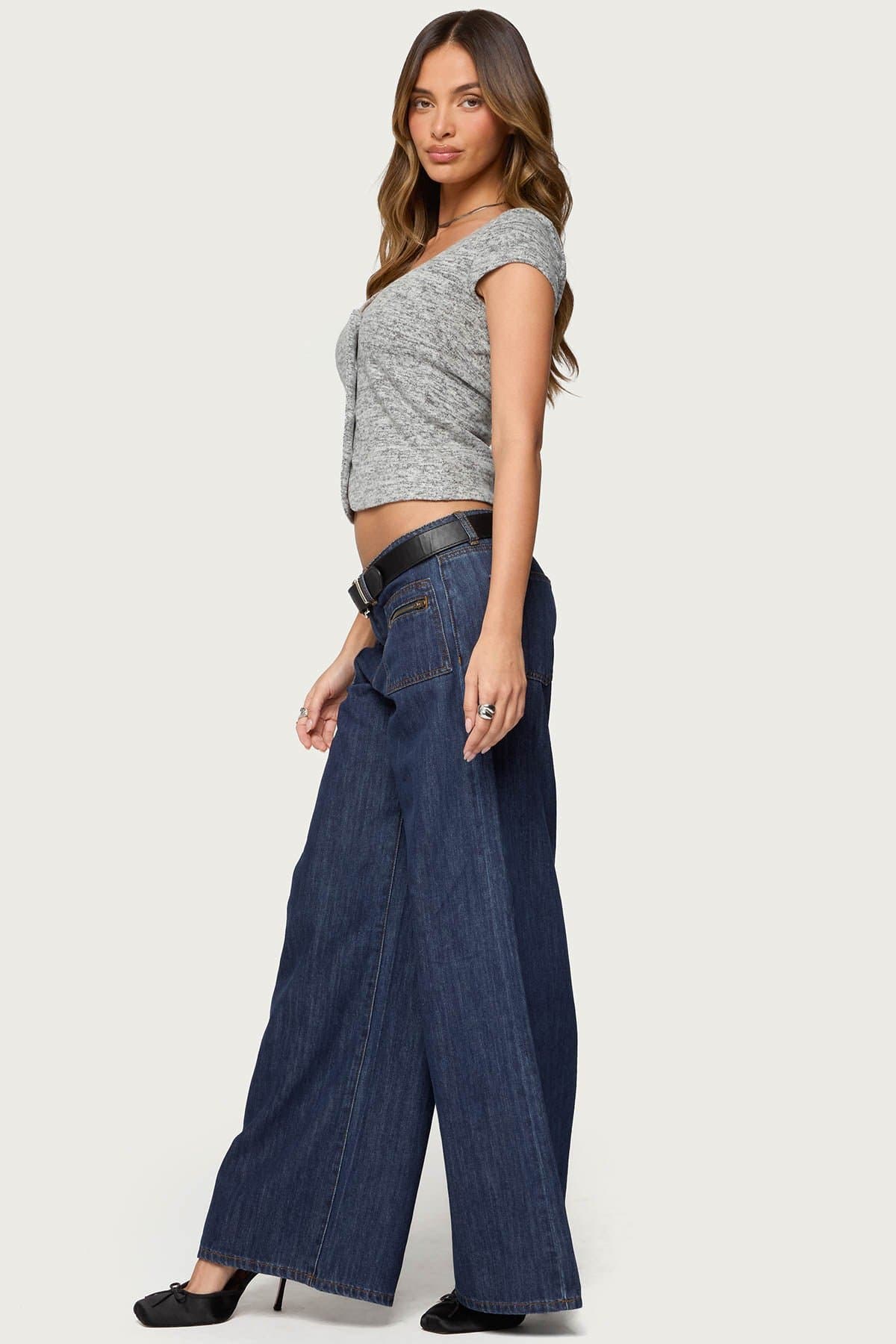 Jimena Low Rise Wide Leg Jeans in Rigid Cotton Denim