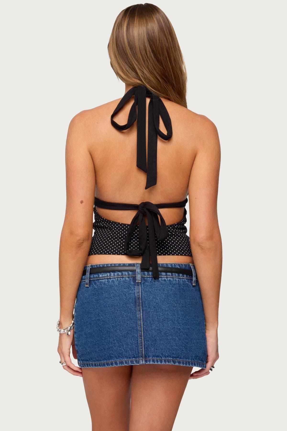 Ginny Mixed Polka Dot Halter Top - Cotton Spandex V-Neck Gathered Bust