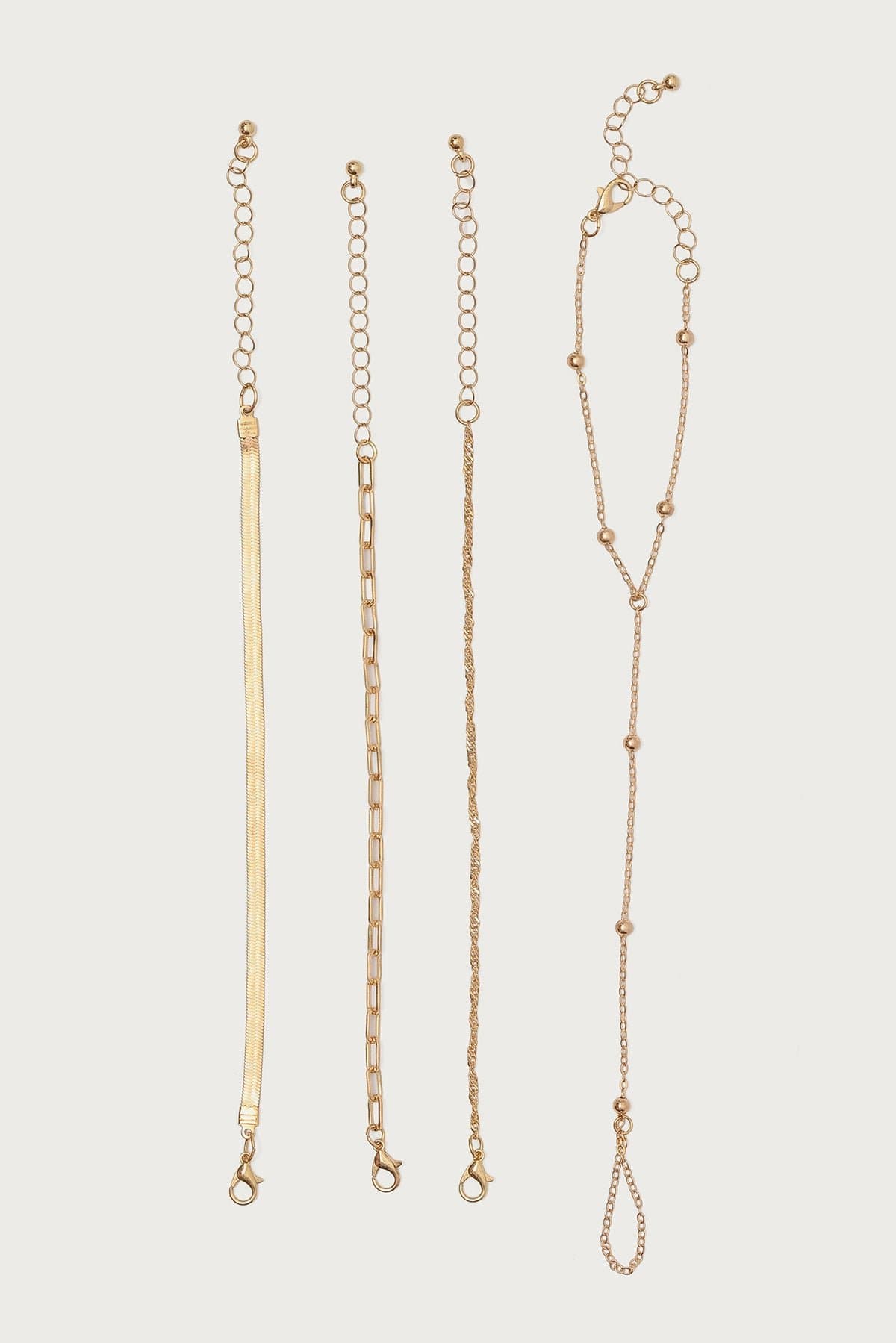 Handchain & Assorted Chain Bracelet Pack Gold Tone Metal 6.6 Inch