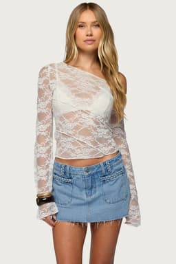 Stitched Sheer Lace Off Shoulder Long Sleeve Top - Polyester Spandex