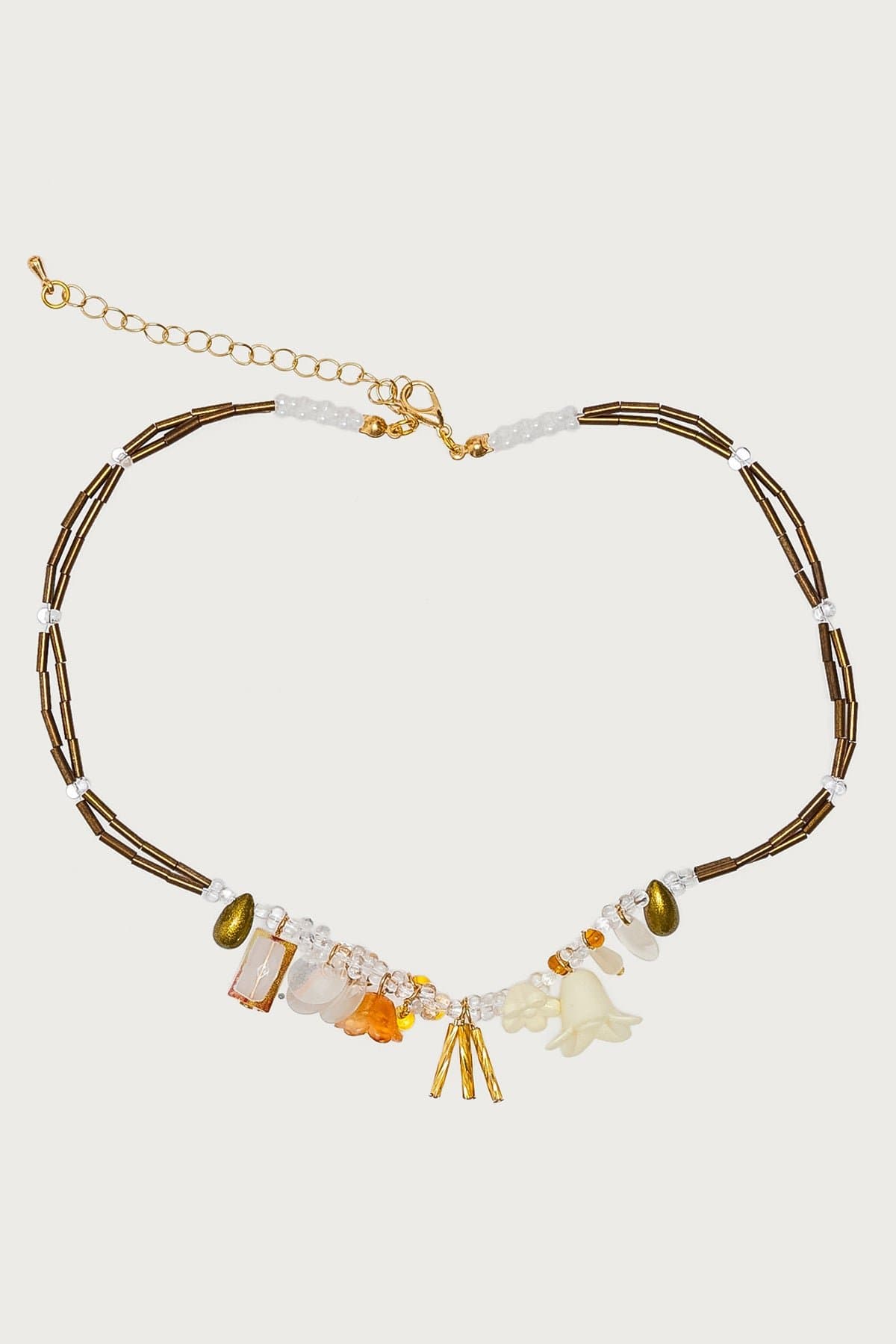 Charm Pendant Beaded Necklace - Gold Tone Metal & Plastic 15.7 Inch Length