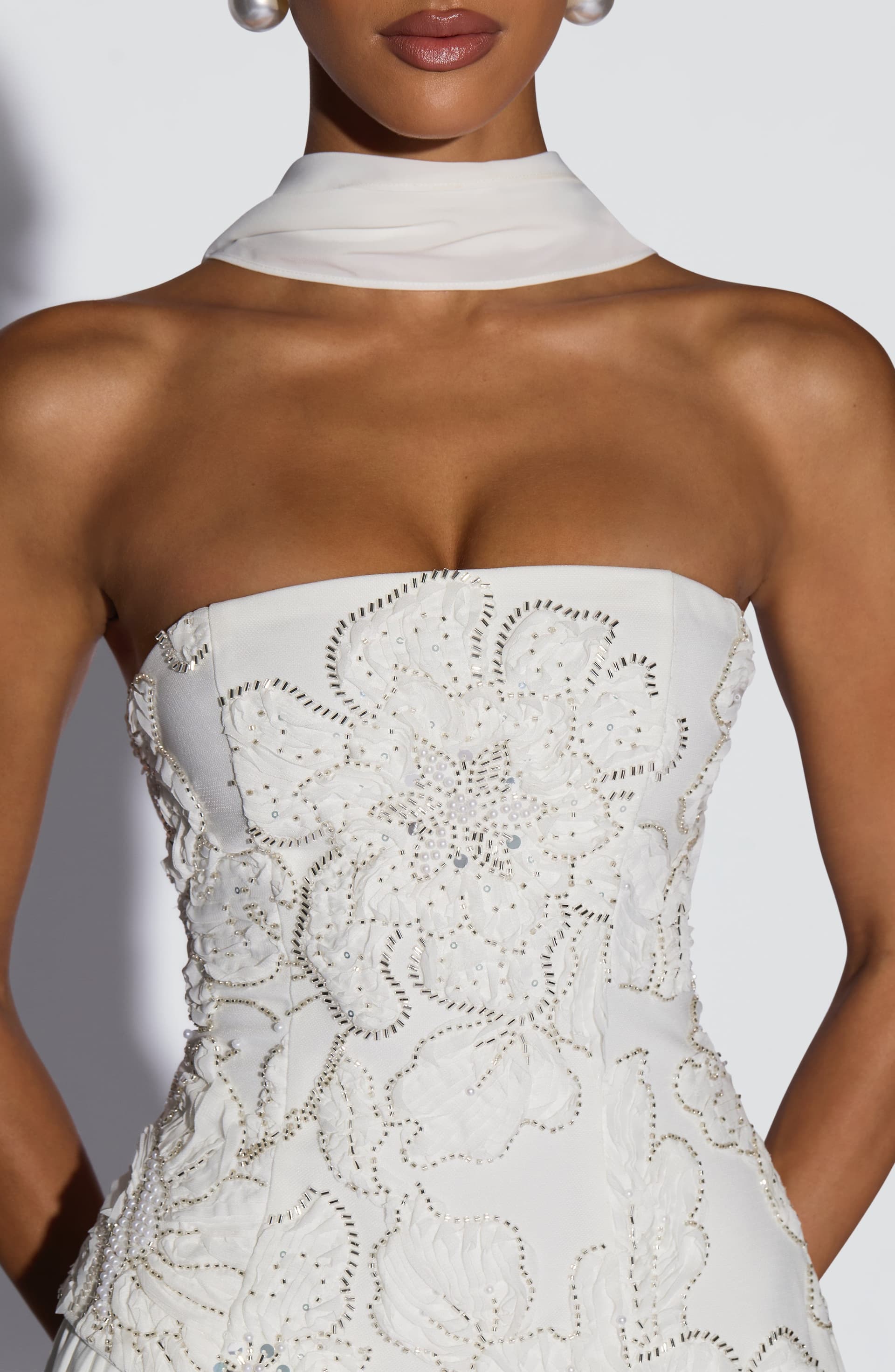 Anneliese Maxi Dress in Ivory Crepe Bodice Chiffon Skirt with Embellishments