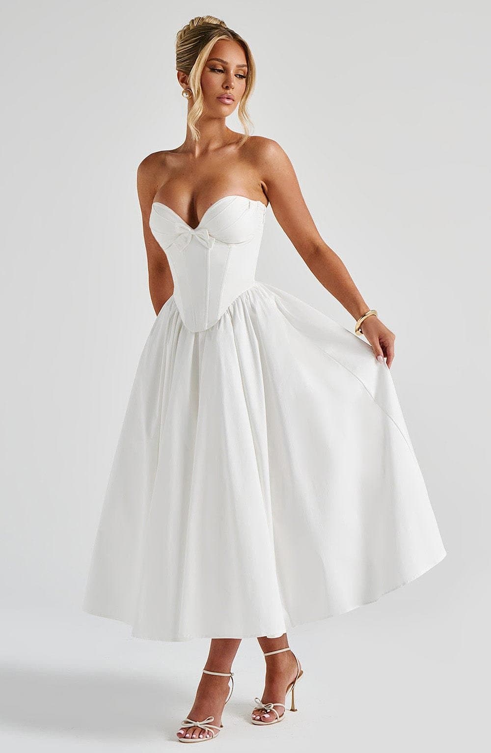 Prim Midi Dress Ivory Strapless Plunge Sweetheart Neckline Lace-Up Back Boned Corset