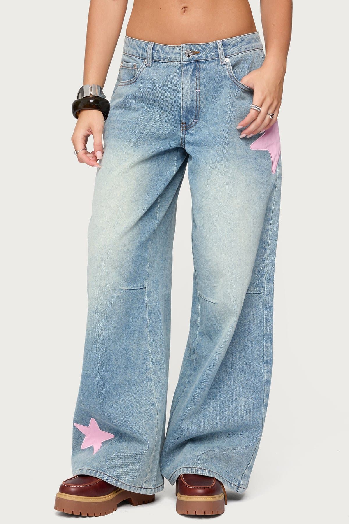 Trish Stars Low Rise Baggy Jeans with Embroidered Satin Star Patches Rigid Denim