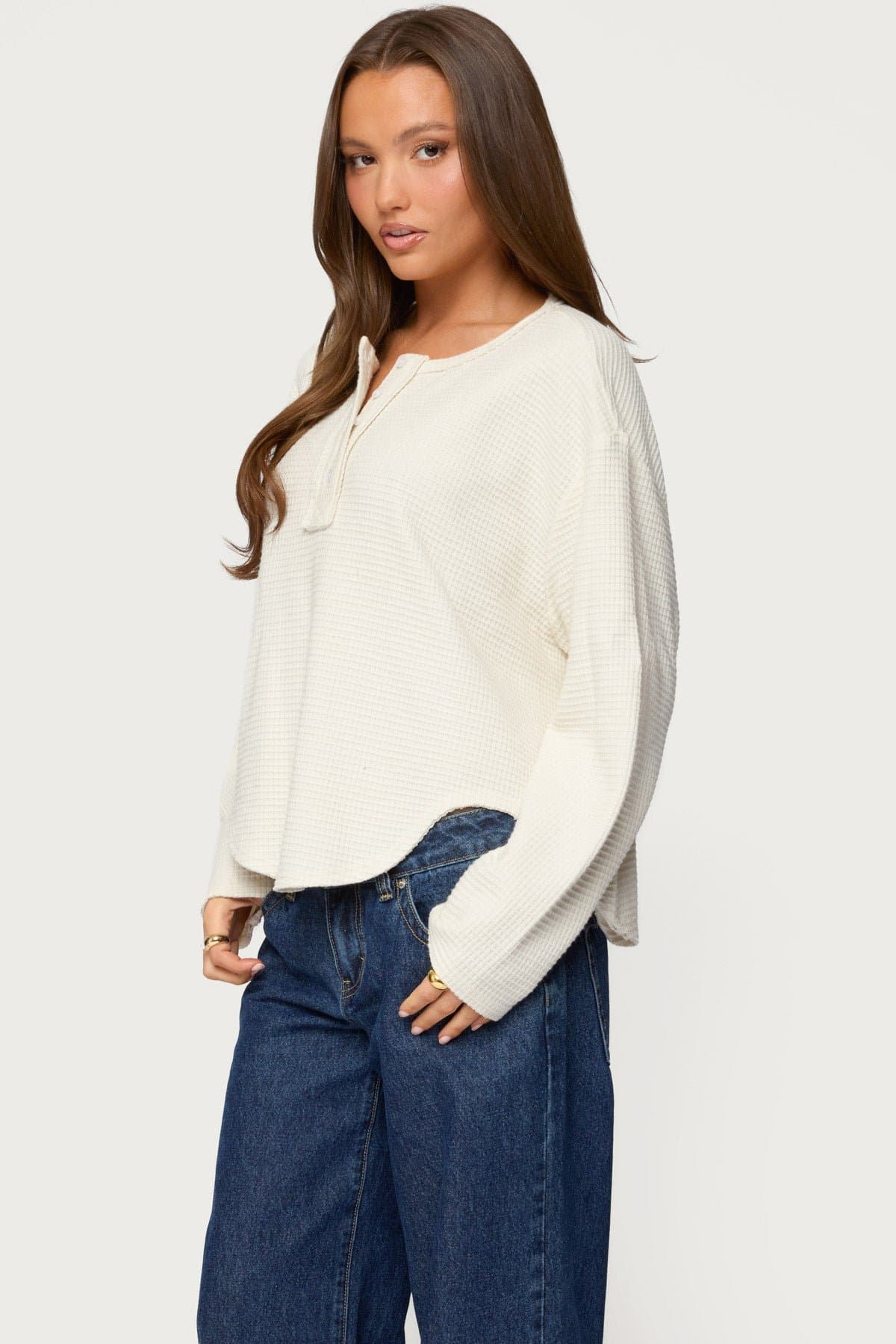 Alisia Oversized Waffle Henley Top - Long Sleeve Rayon Polyester Blend