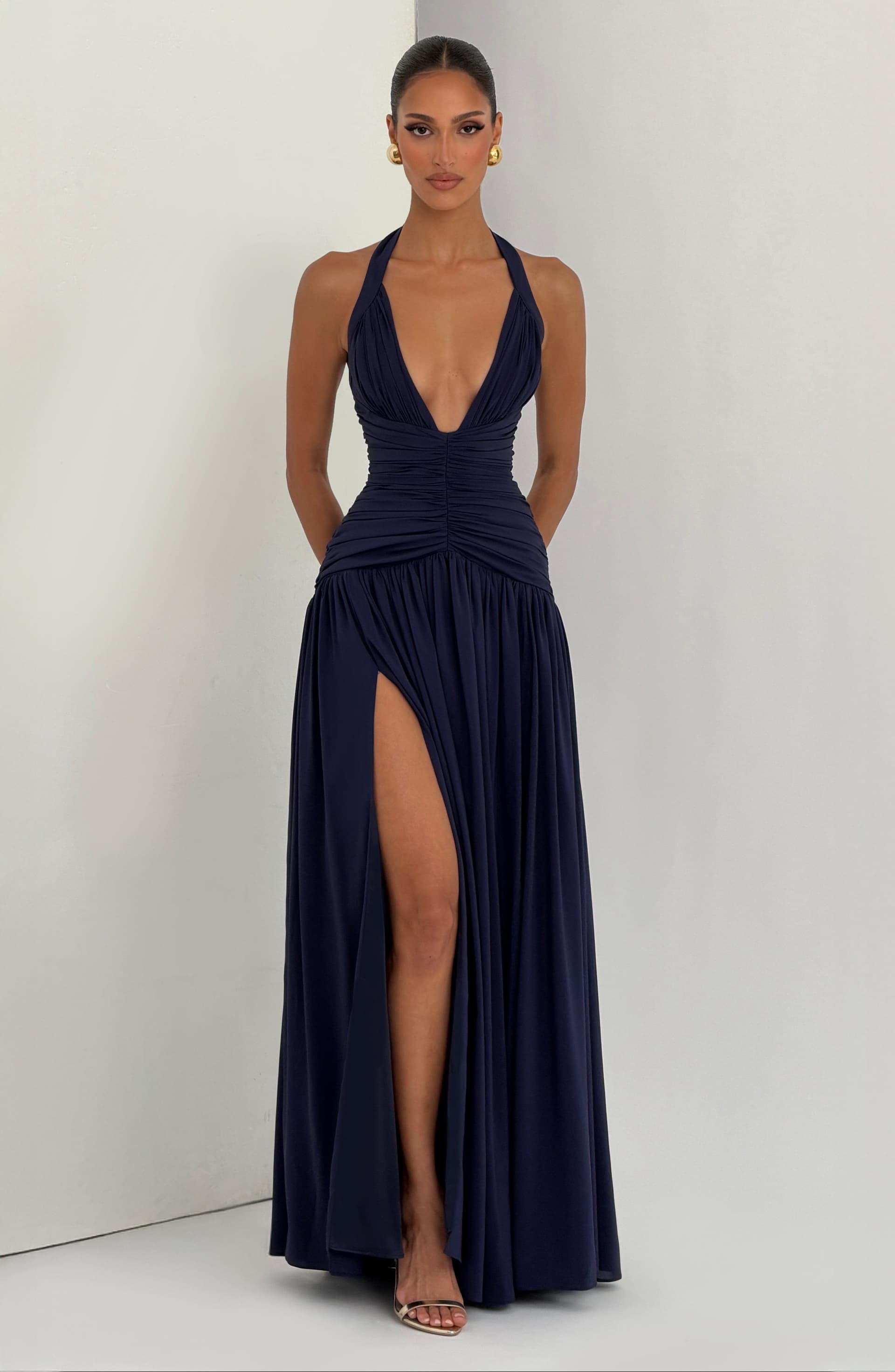 Amaris Maxi Dress - Navy Chiffon Plunge Halter Neck Thigh Split
