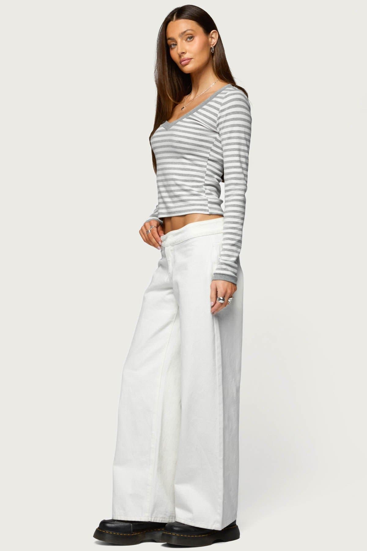 Kimi Striped Long Sleeve V Neck Top - Cotton Spandex