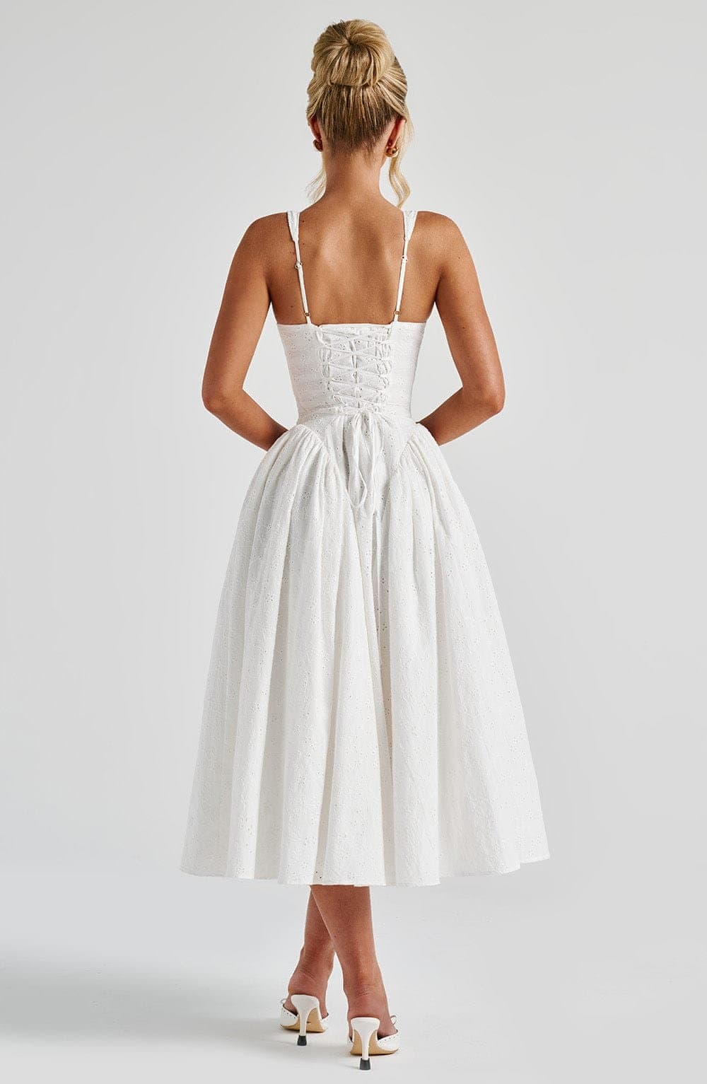 Monroe Midi Dress in Ivory with Broderie Anglaise, Plunge Neckline, Lace-Up Back