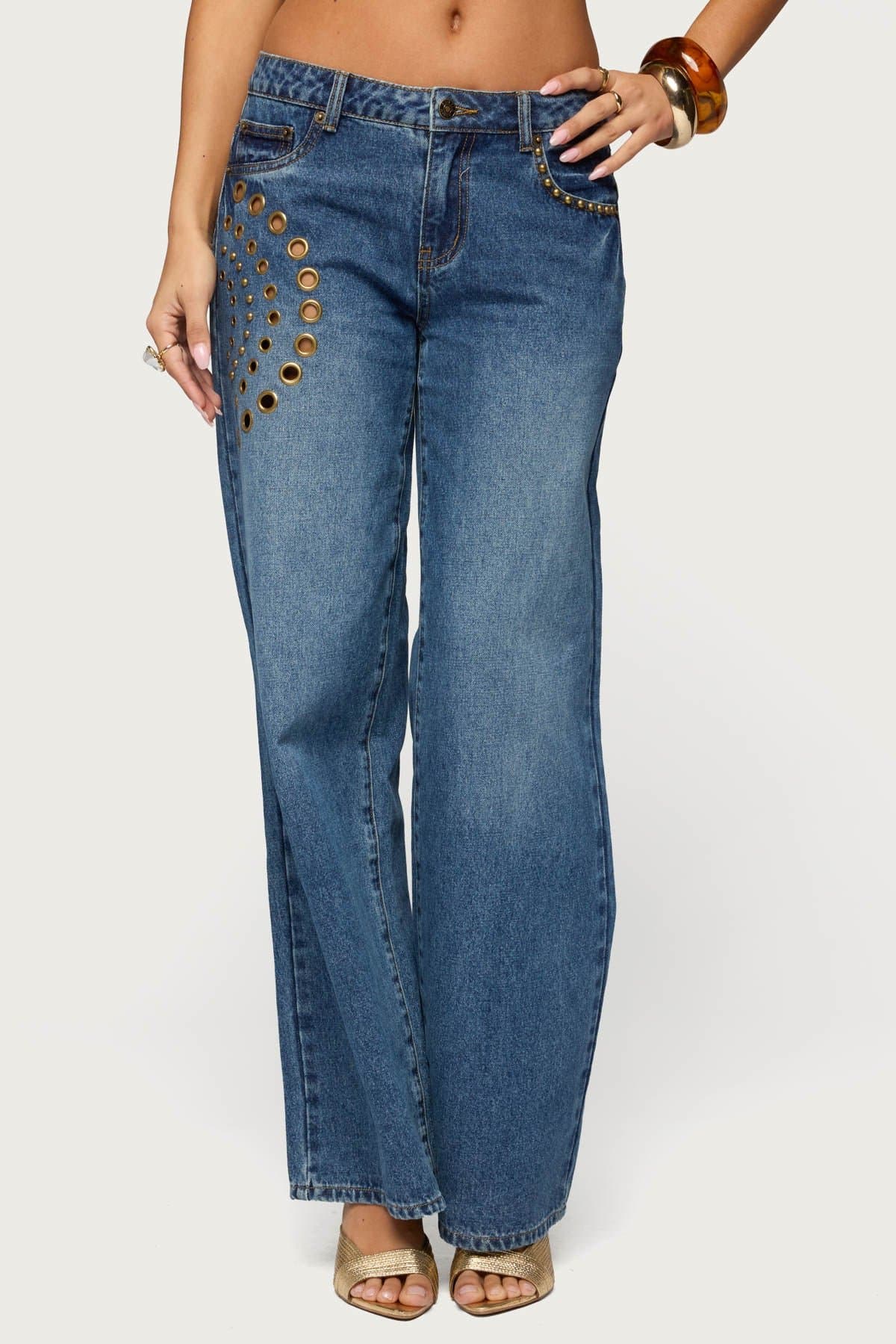 Monika Stud & Grommet Low Rise Baggy Jeans 100% Cotton Rigid Denim