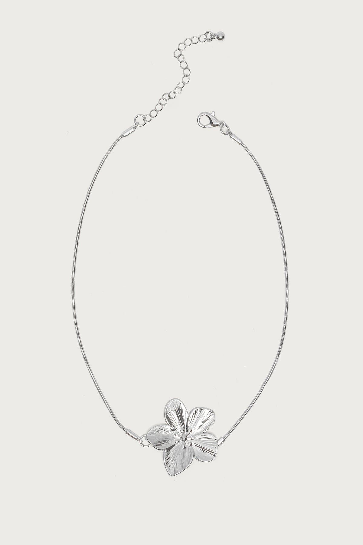 Botanical Babe Necklace - Large Flower Pendant Silver Tone Metal 12.9 Inch Length