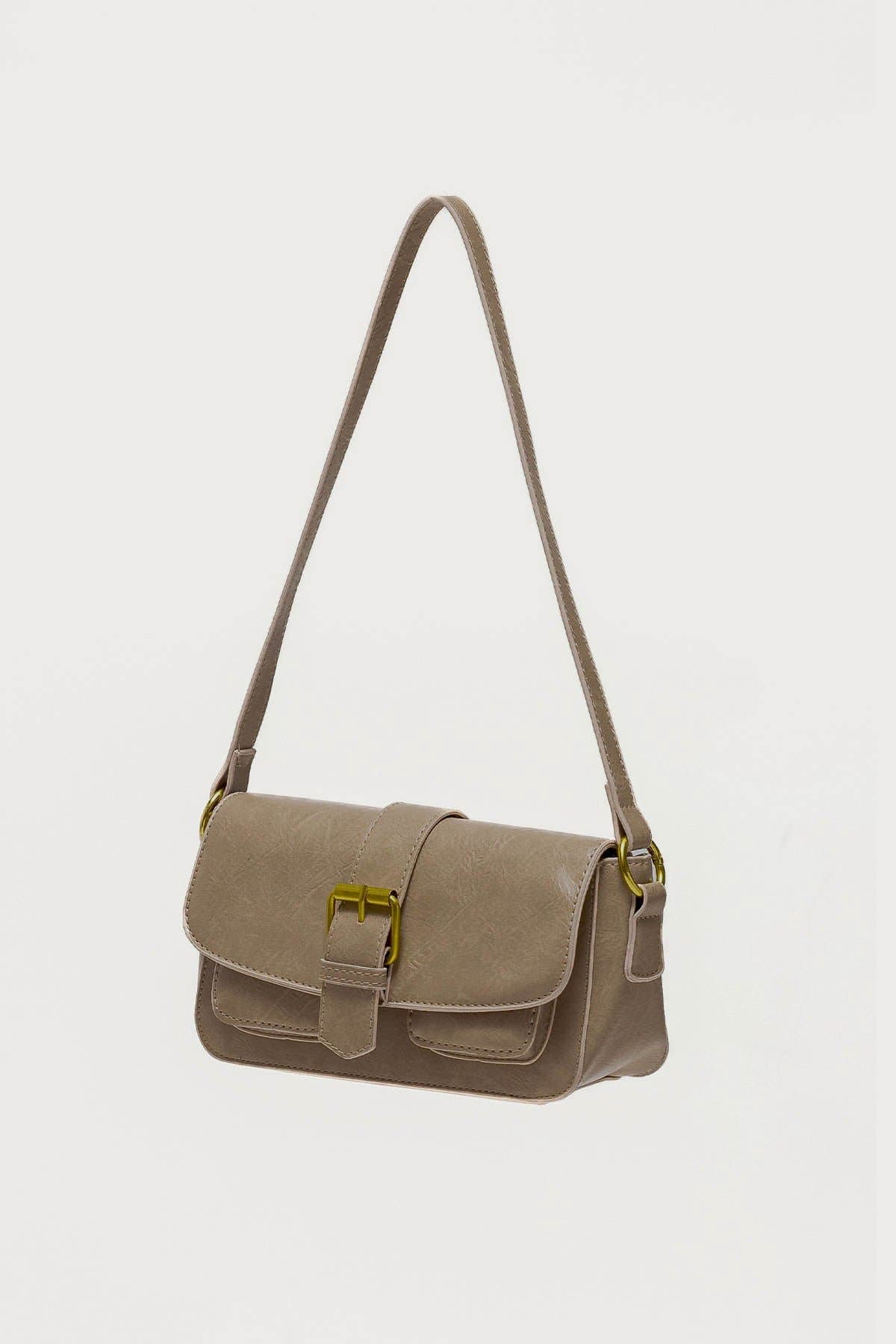 Faux Leather Buckle Shoulder Bag - Black Polyurethane 8.9"W x 5.5"H