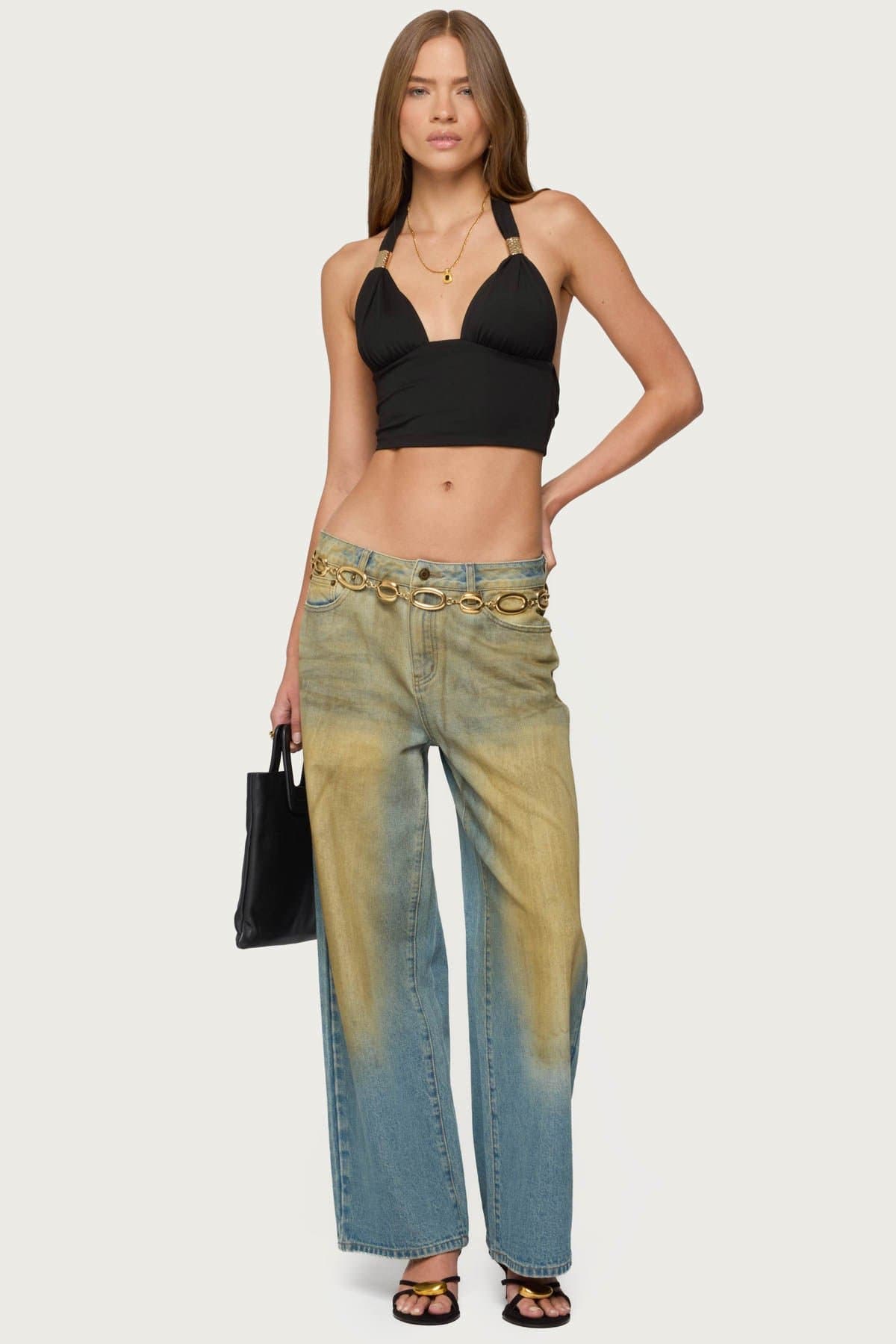 Aiva Backless Plunge Neck Halter Top in Polyester Spandex