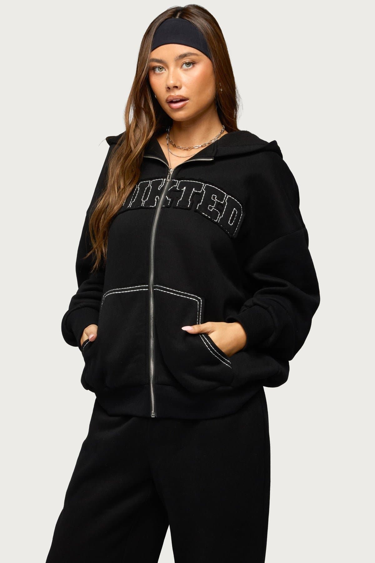 Forever Edikted Oversized Hoodie - Cotton Polyester Front Zip Contrast Stitching