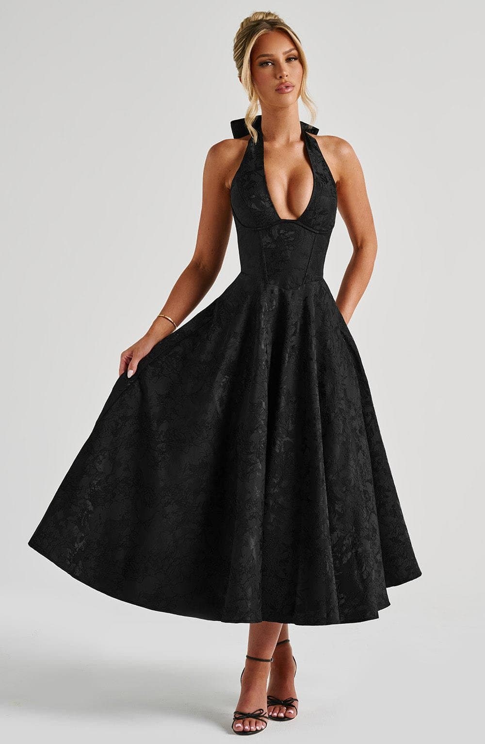 Effie Midi Dress in Black - Plunge Halter Neckline, Lace Up Back, Full Skirt