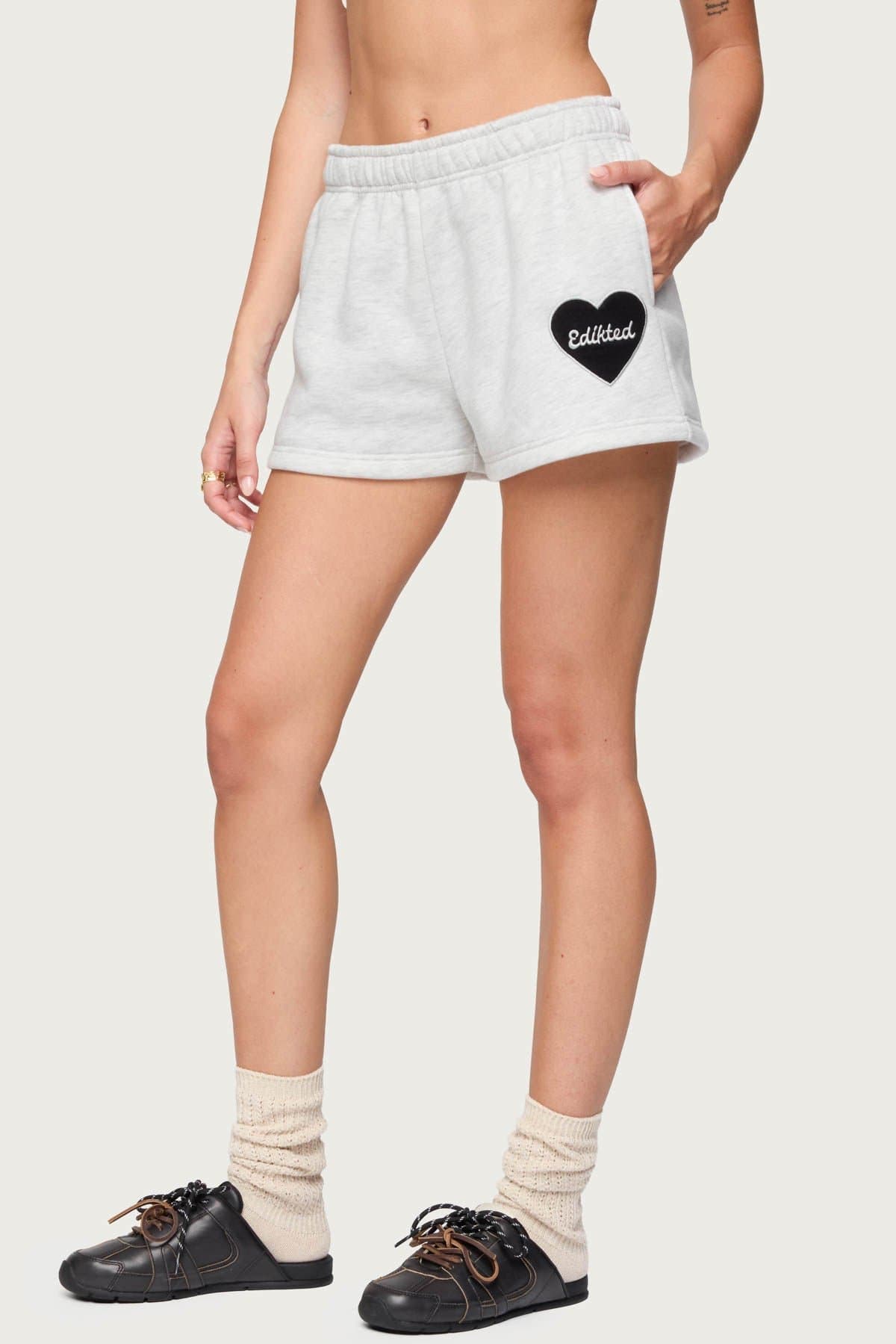 Big Love Edikted Sweat Shorts - Elastic Waistband Heart Patch Polyester Cotton Rayon