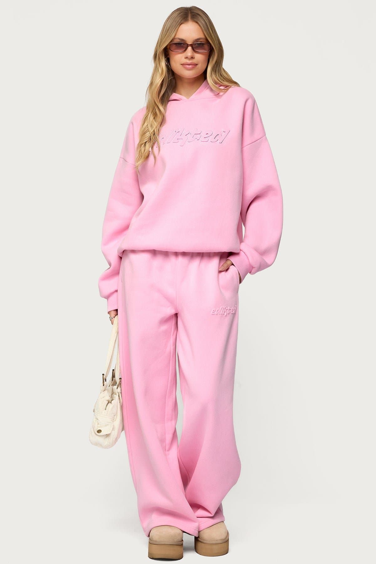 Totally Edikted Wide Leg Sweatpants with Embossed Graphic Polyester Cotton