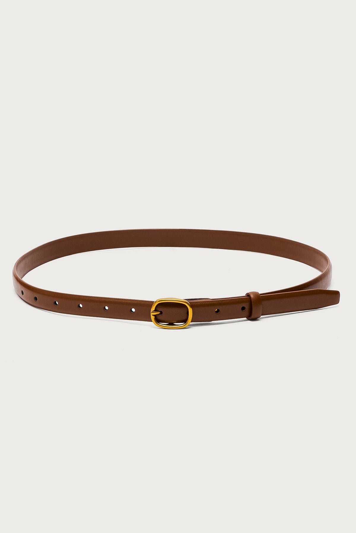 Oval Buckle Faux Leather Belt - Gold Tone Buckle, Polyurethane Rayon, 41.3 Inch Length