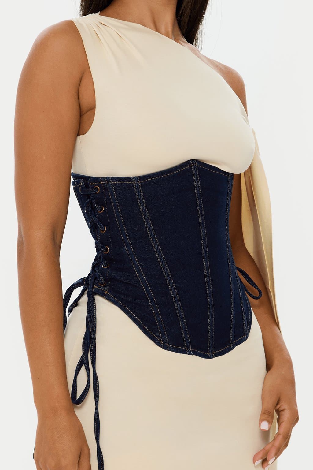 Contour Denim Corset with Boning Drop Basque Waist Lace Up Sides