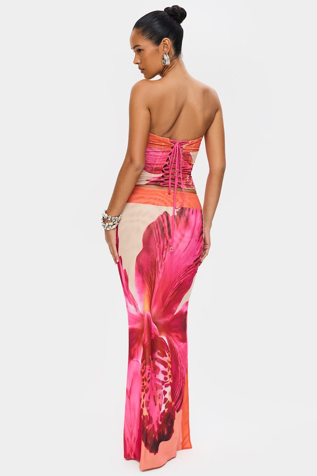 Havana Maxi Skirt with Bandeau Neckline, Lace Up Back, Double Layer Mesh, In-House Print