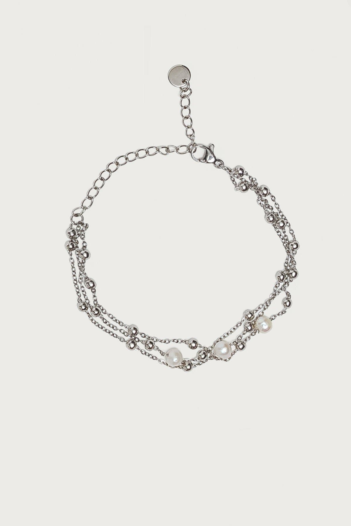 Pearly Layered Bracelet with Spaced Pearl & Bead Detailing, Silver Tone Metal, 6.1 Inch Length