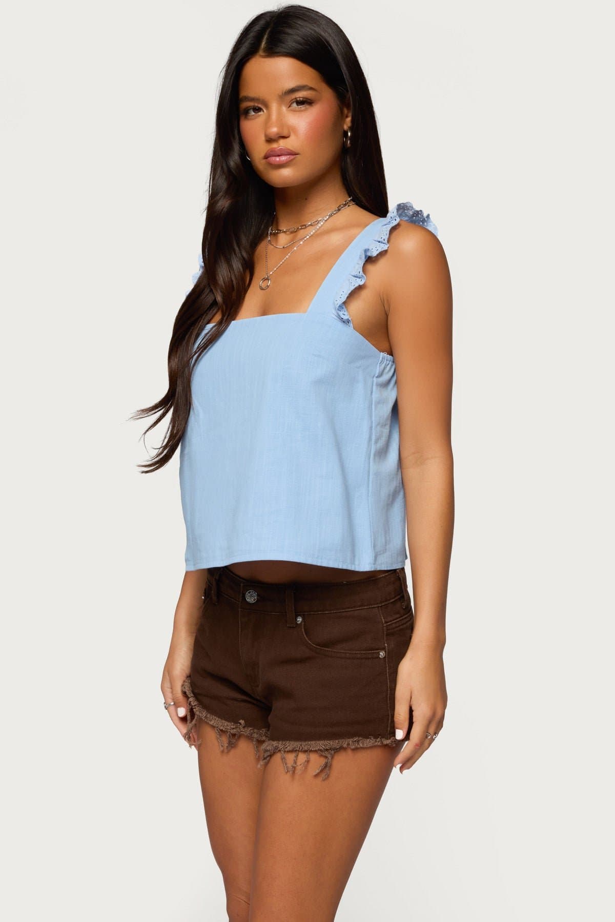 Viviana Linen Look Top - Square Neckline, Wide Straps, Eyelet Ruffle, 100% Cotton