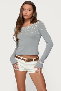 Iridescent Button Boat Neck Long Sleeve Top - Rayon