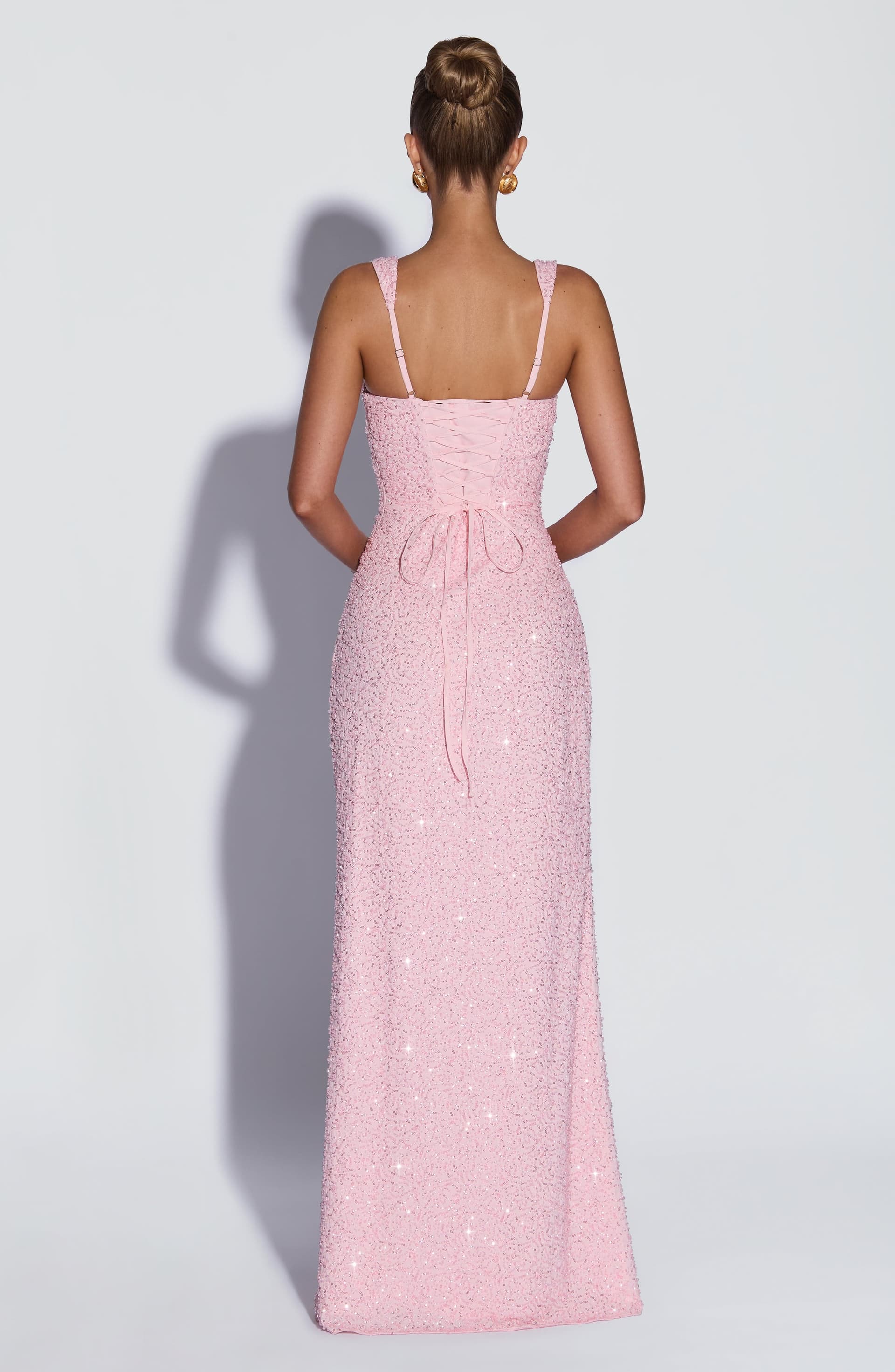 Calanthe Maxi Dress Blush Sparkle Beaded Chiffon Pleated Neckline