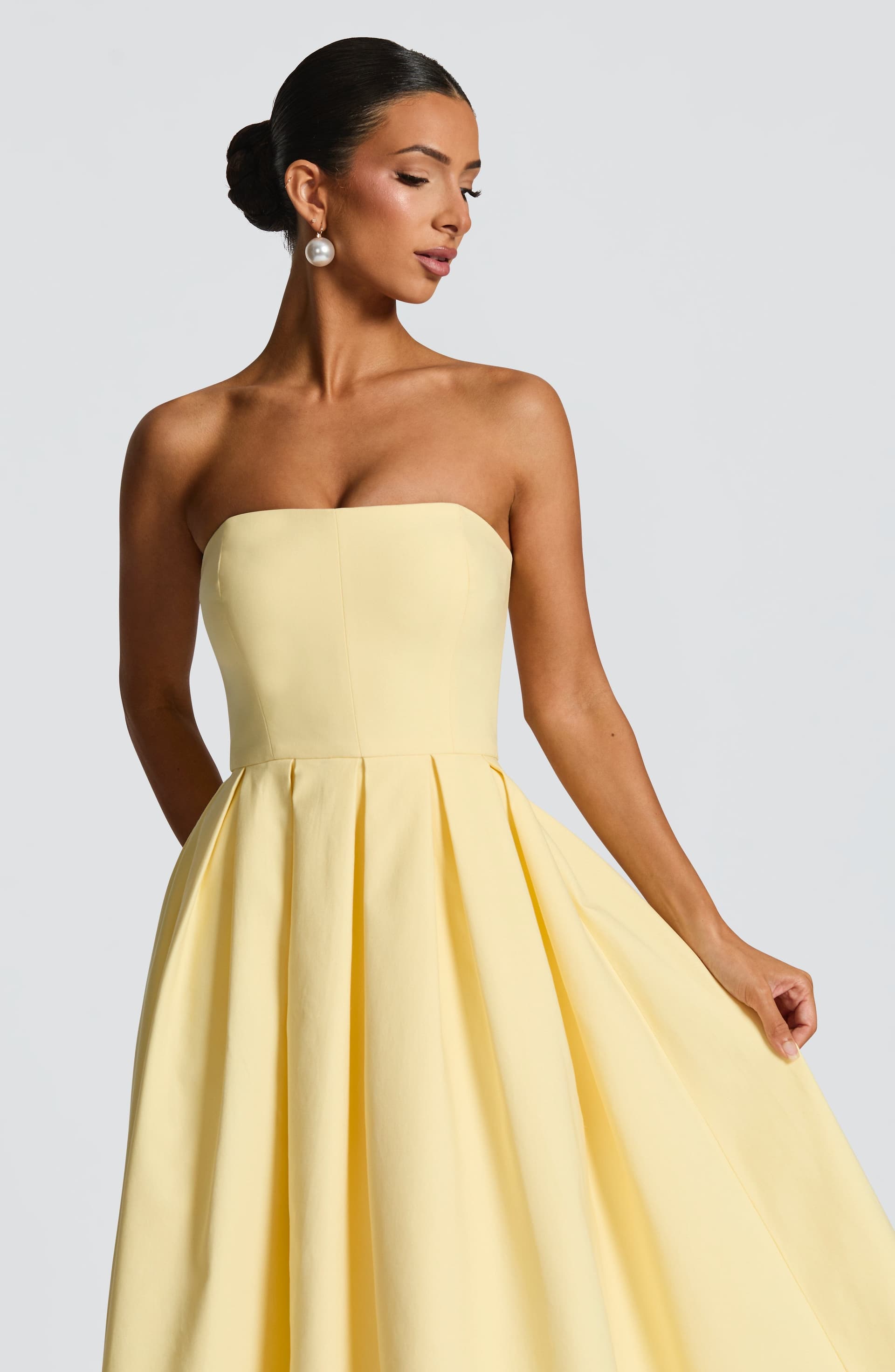 Edith Strapless Midi Dress in Lemon - Stretch Bengaline with Boning