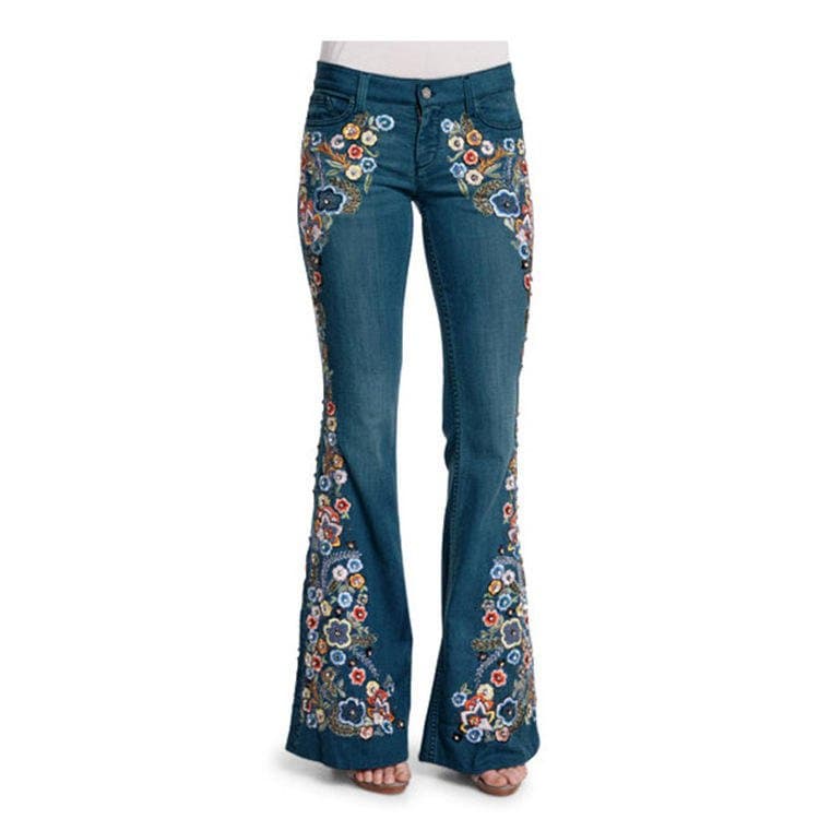 Floral Embroidered Flare Jeans – Boho Bell Bottom Wide Leg Denim Trousers for Women.