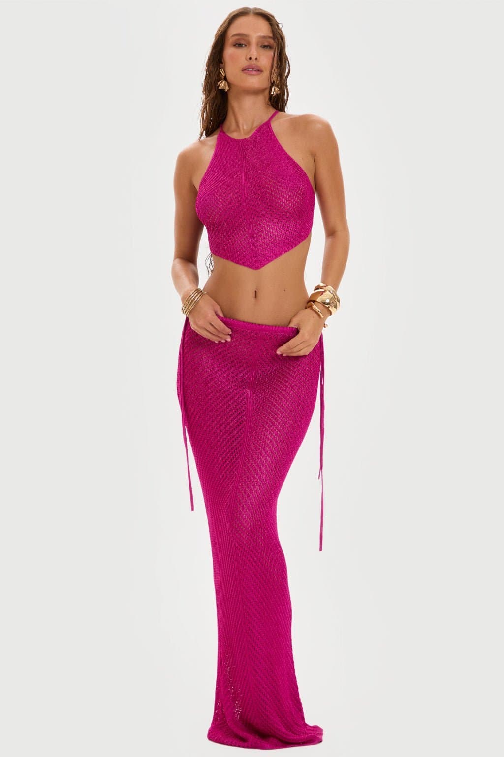 Seyora Racer Halter Top - Single Layer Stretchy Sheer Knit with Handkerchief Hem