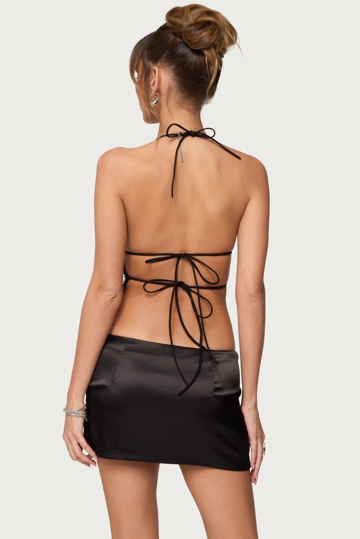 Nelley Backless Beaded Sequin Chiffon Top - Open Back Neck & Back Tie Closures