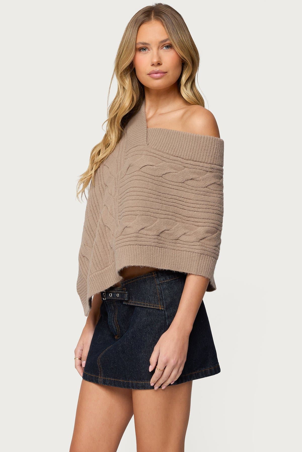 Vickey Cable Knit Poncho - V-Neck Acrylic Polyester Nylon Sweater