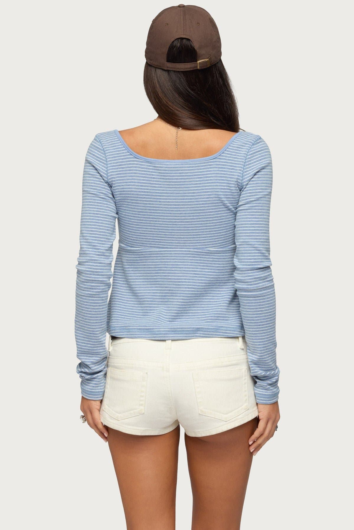 Sare Striped Babydoll Henley Top - Long Sleeve Square Neck Cotton Polyester Spandex