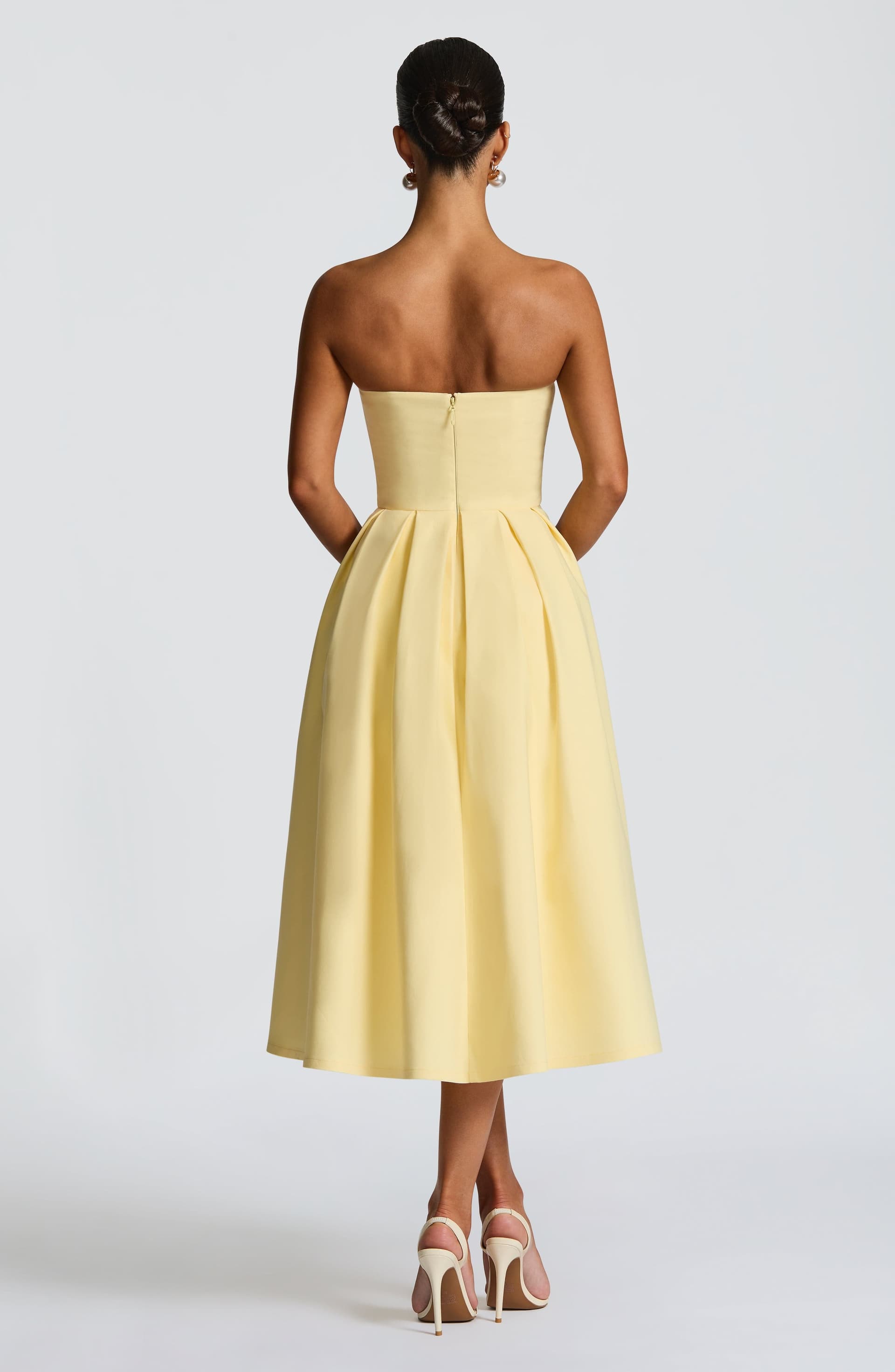 Edith Strapless Midi Dress in Lemon - Stretch Bengaline with Boning