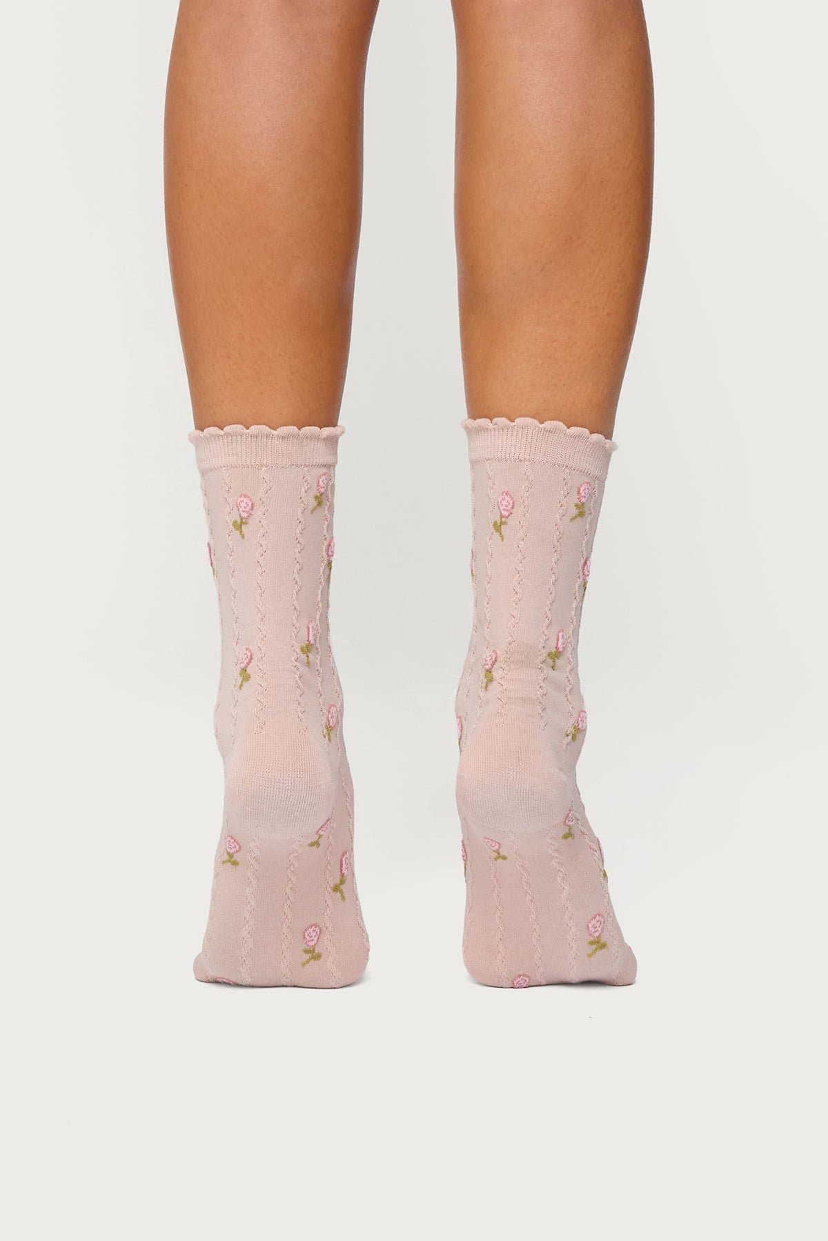 Embroidered Rose Socks with Frill Trim - Cotton Nylon Spandex Blend 11.4 Inch Length