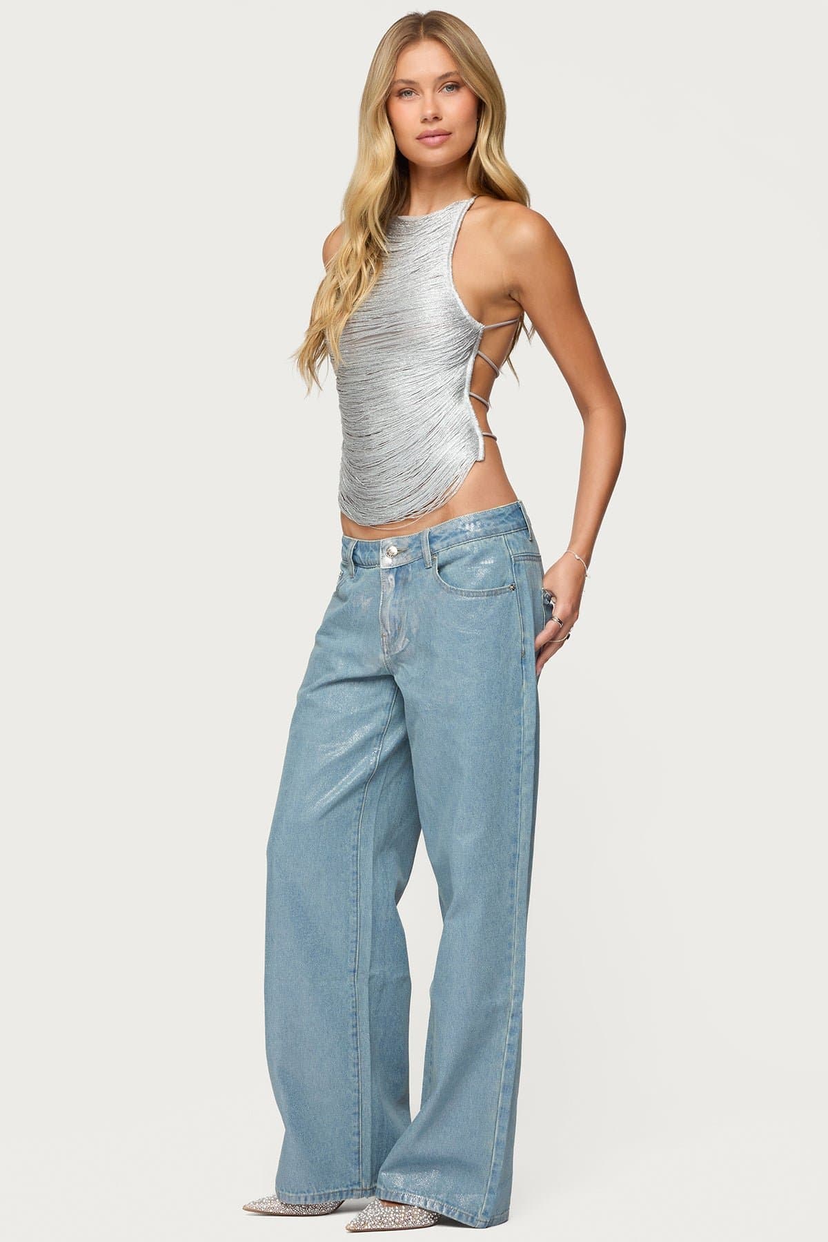 Jenney Shiny Low Rise Baggy Jeans in Metallic Rigid Denim 100% Cotton