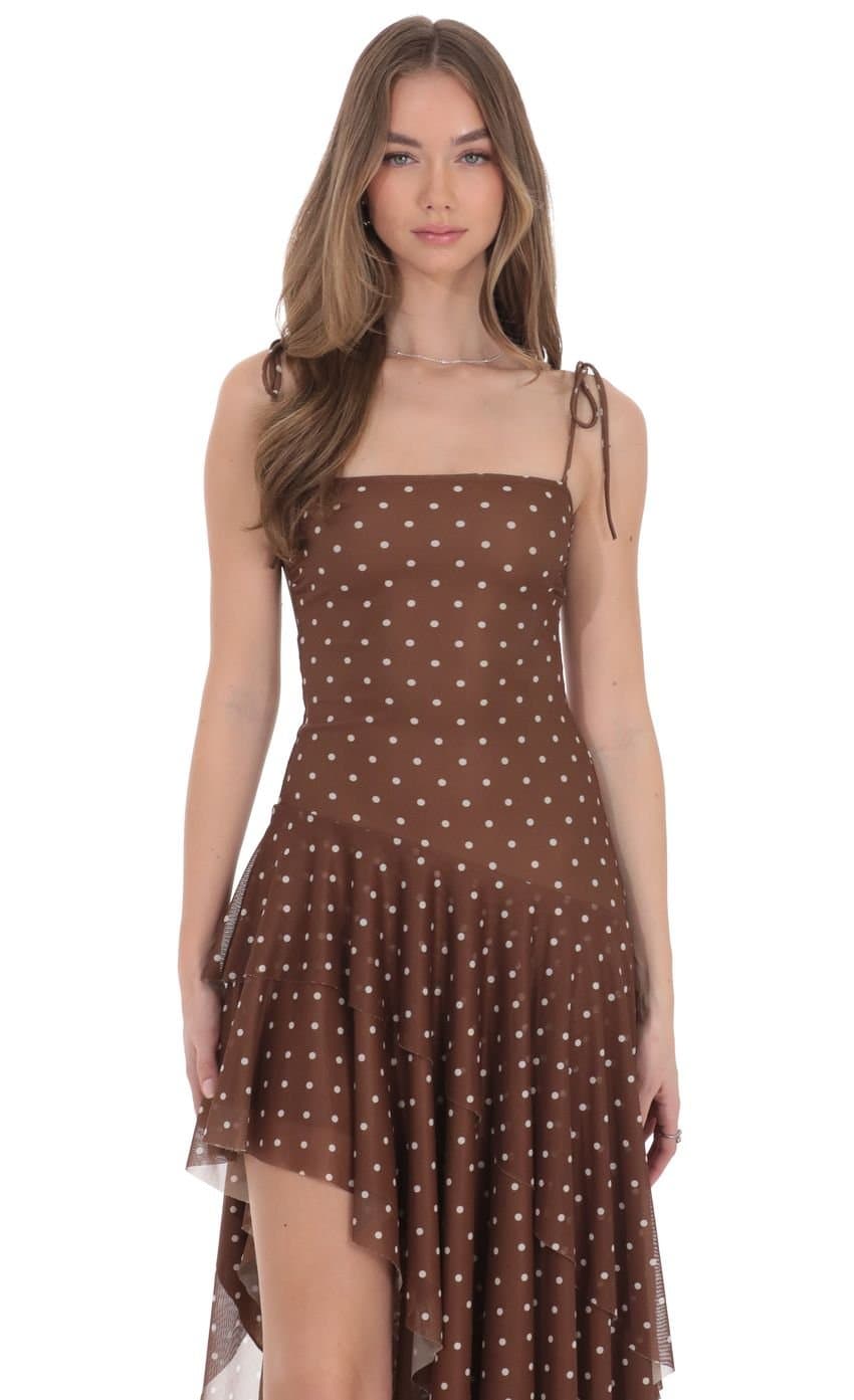 Polka Dot Asymmetrical Maxi Dress in Brown