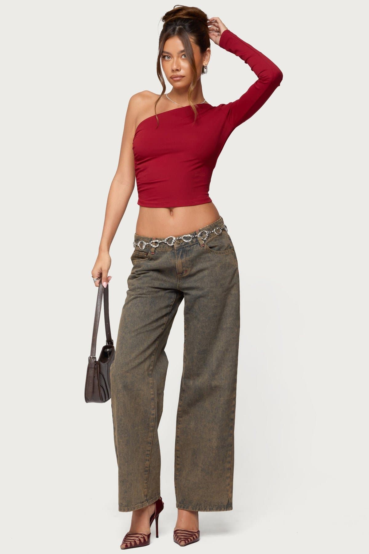 Mila Asymmetric Backless One Shoulder Long Sleeve Top - Polyester Spandex