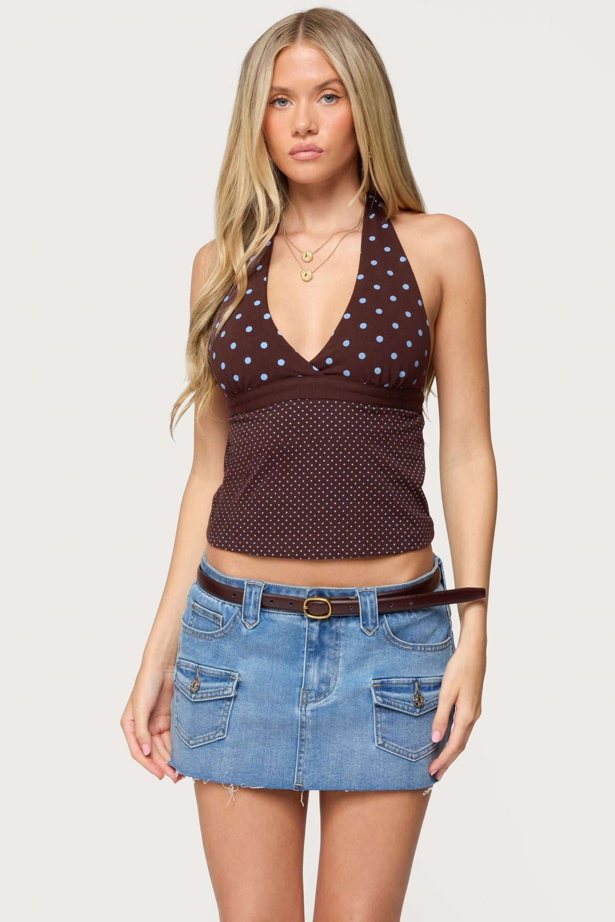 Ginny Mixed Polka Dot Halter Top - V-Neck Cotton Spandex
