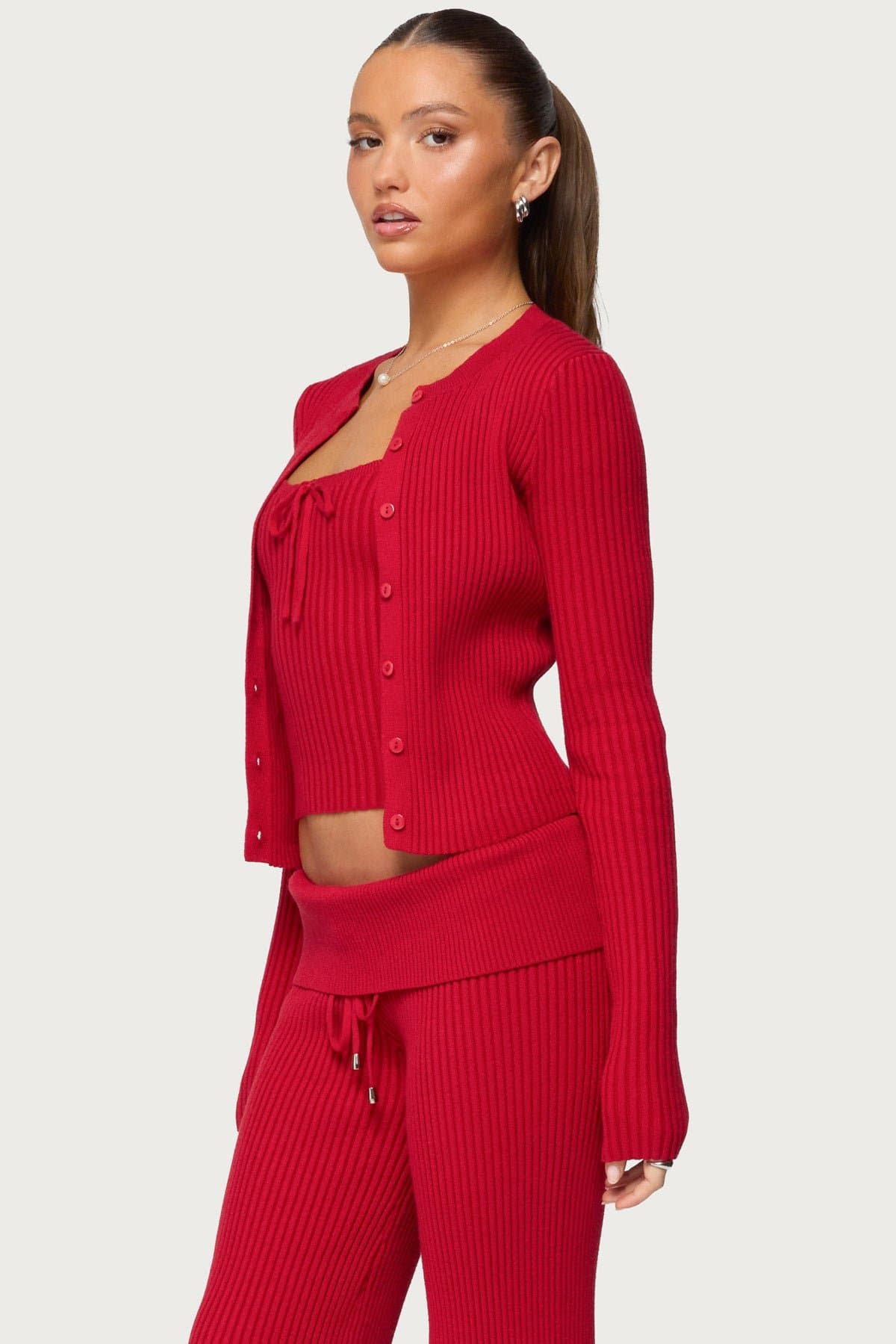 Adannah Ribbed Knit Button Up Cardigan - Rayon Polyester Nylon