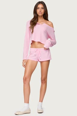Teddy Waffle Shorts - Adjustable Tie Waist Loungewear in Polyester Rayon Spandex