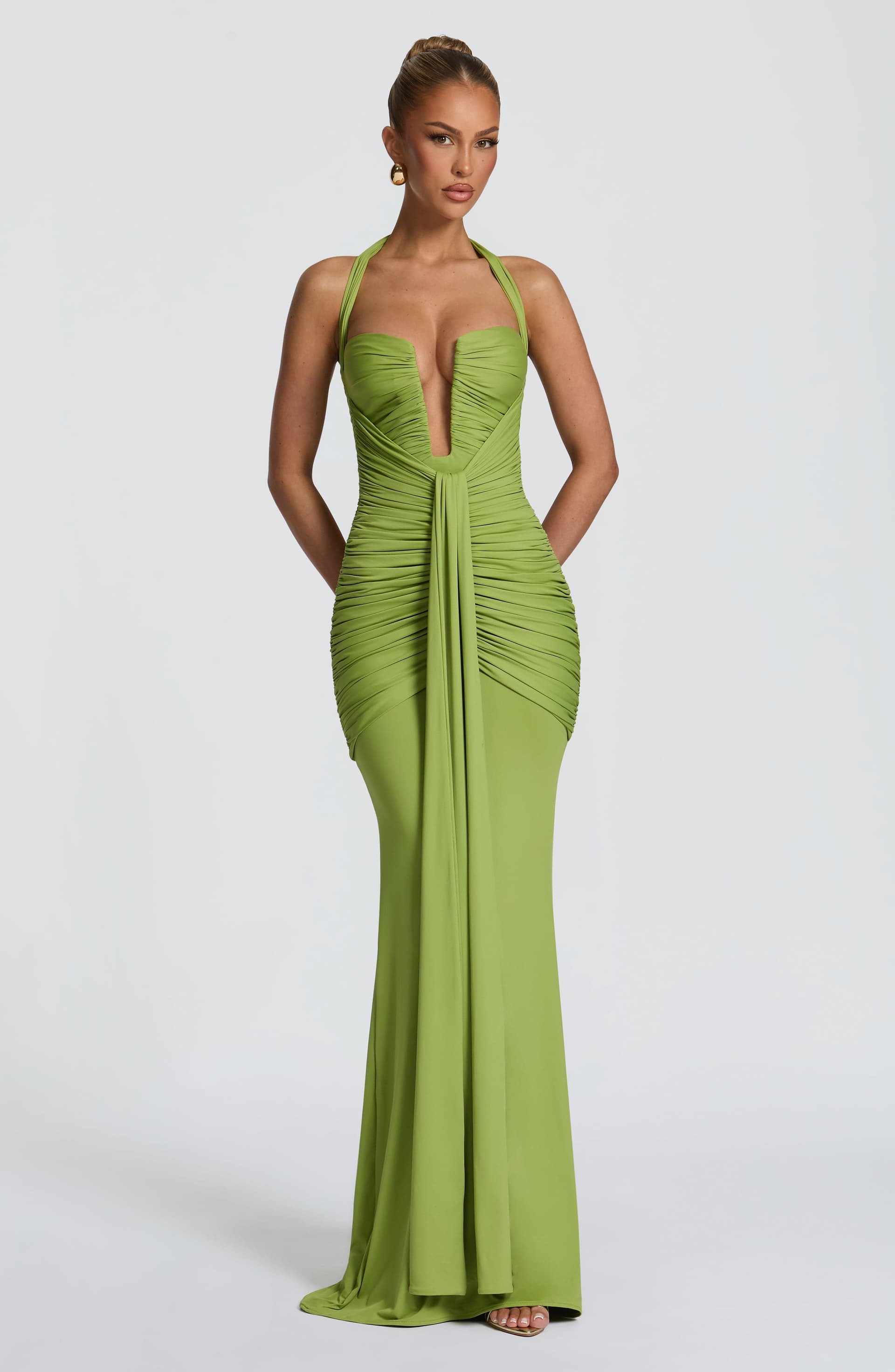 Morrigan Maxi Dress - Olive Stretch Slinky Jersey Halter Plunge Mermaid