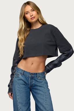 Plaid Sleeves Layered Crop Top 100% Cotton Long Sleeve Flannel T-Shirt