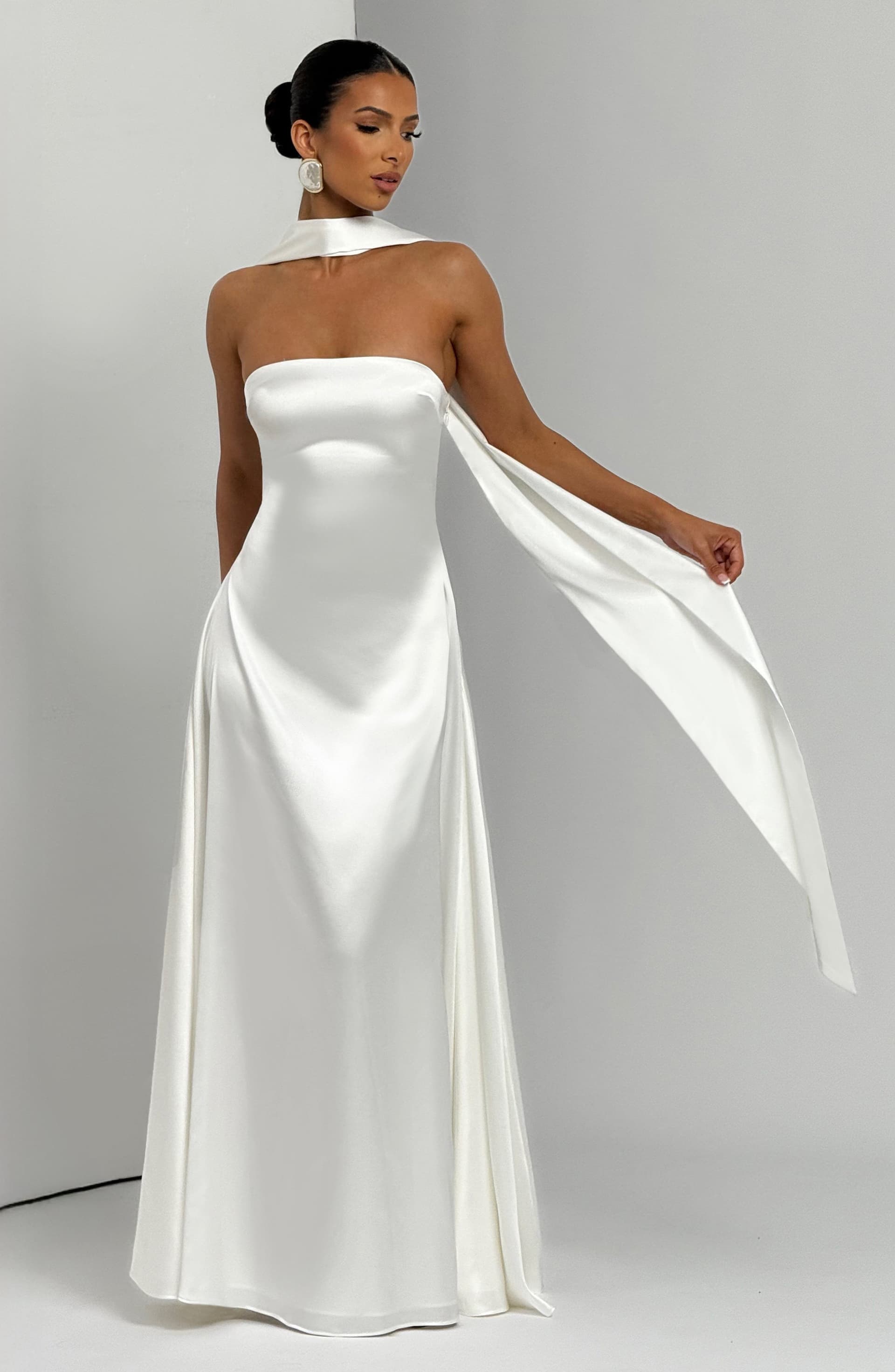 Morven Maxi Dress in Ivory - Strapless Satin A-Line with Lace-Up Back