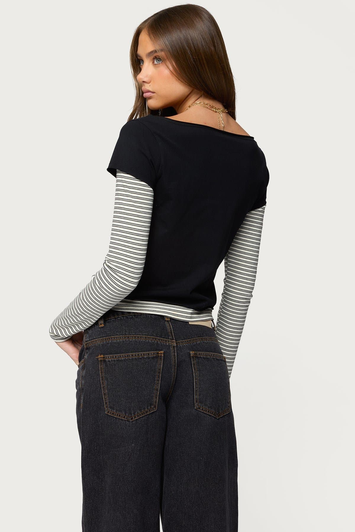 Layered Striped Long Sleeve T-Shirt - Cotton Spandex Unisex